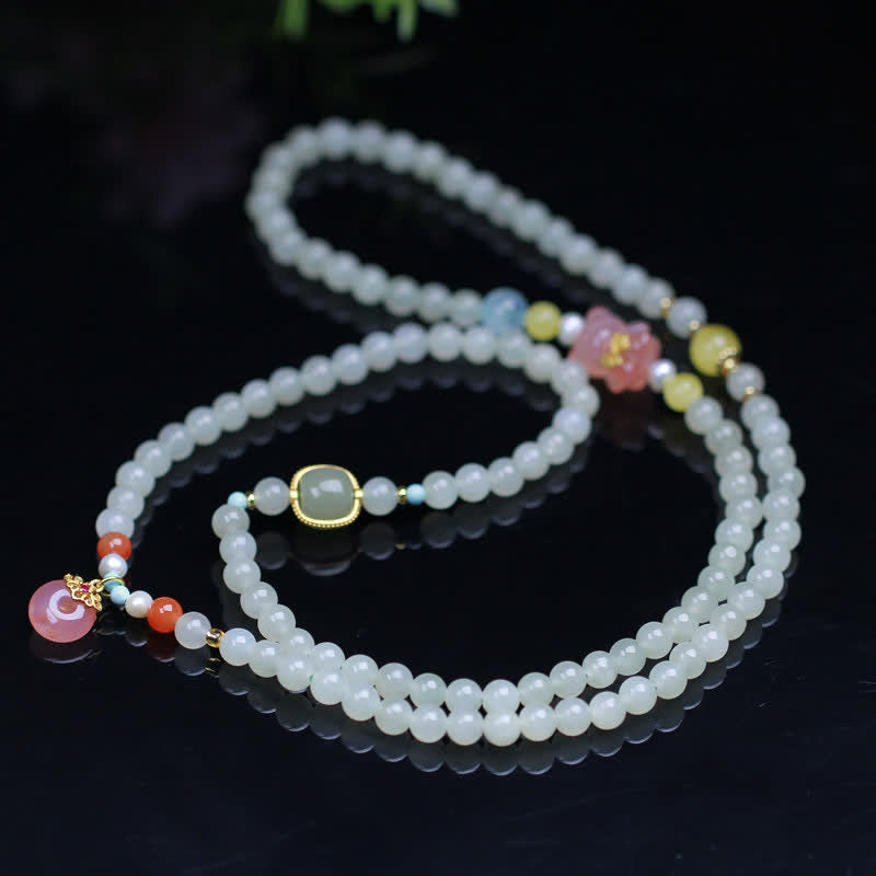 Stone of buddha Natural Hetian Jade Pink Crystal Peace Buckle Happiness Abundance Bracelet
