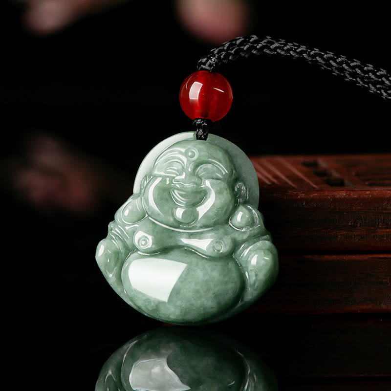 Stone of buddha Natural Green Jade Laughing Buddha Luck Abundance Necklace Pendant