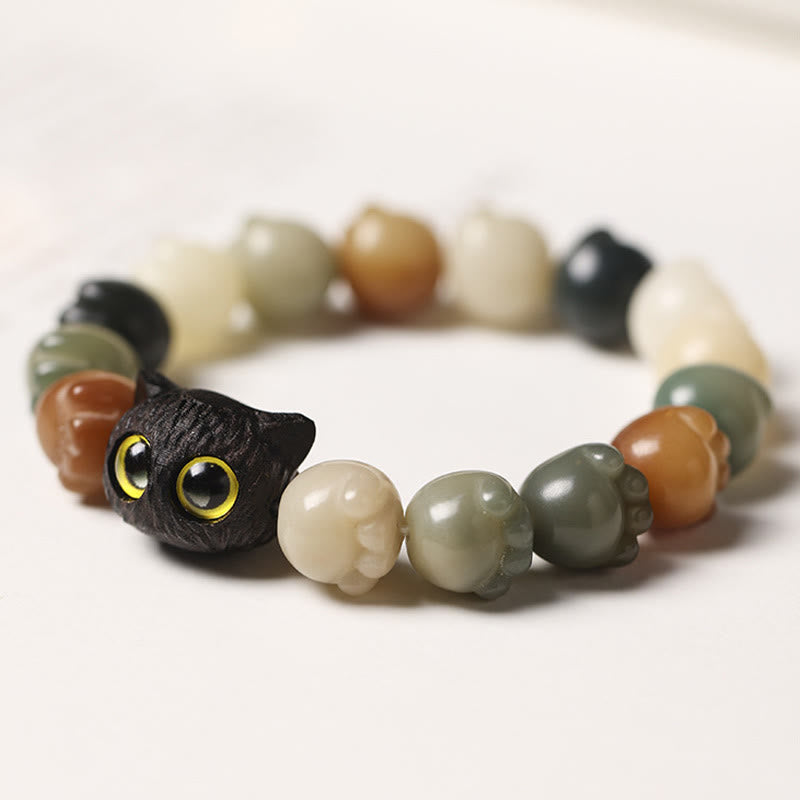 Stone of buddha Natural Bodhi Seed Lovely Paw Ebony Wood Lucky Cat Wisdom Bracelet