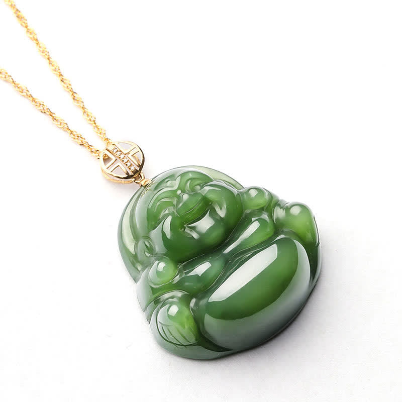 Stone of buddha 925 Sterling Silver Laughing Buddha Hetian Cyan Jade 18K Gold Success Necklace Chain Pendant