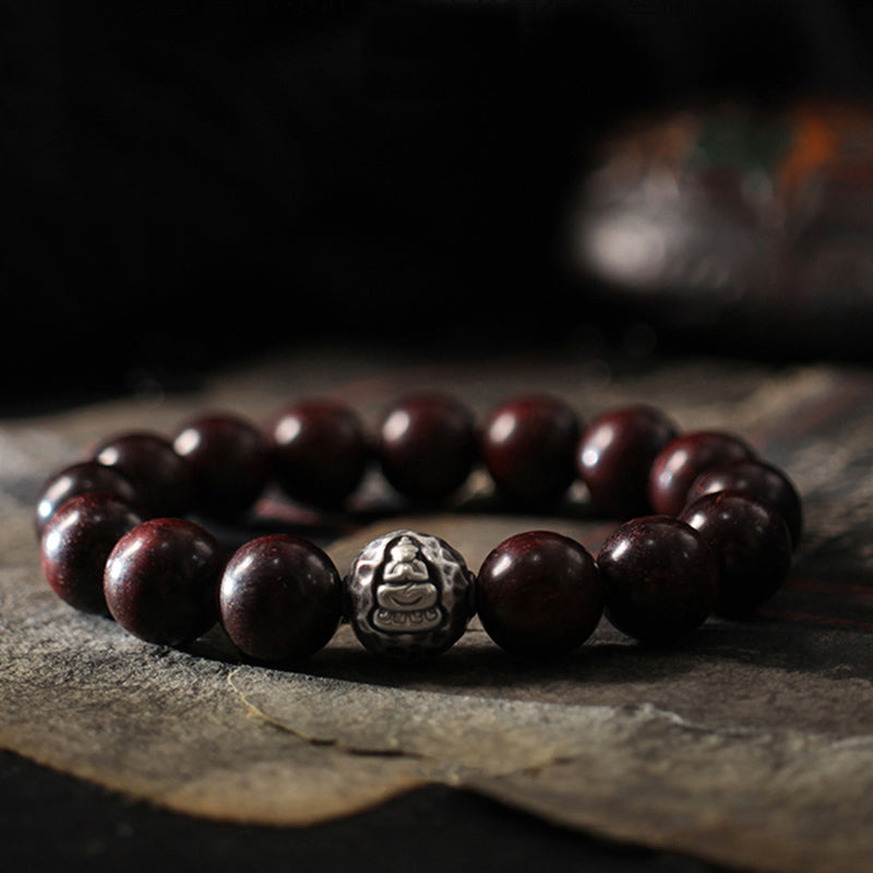 Stone of buddha 999 Sterling Silver Green Sandalwood Small Leaf Red Sandalwood Buddha Cure Bracelet