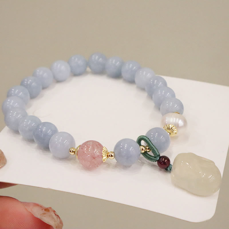 Stone of buddha Natural Aquamarine Chalcedony Serenity Rabbit Gourd Cat Charm Bracelet