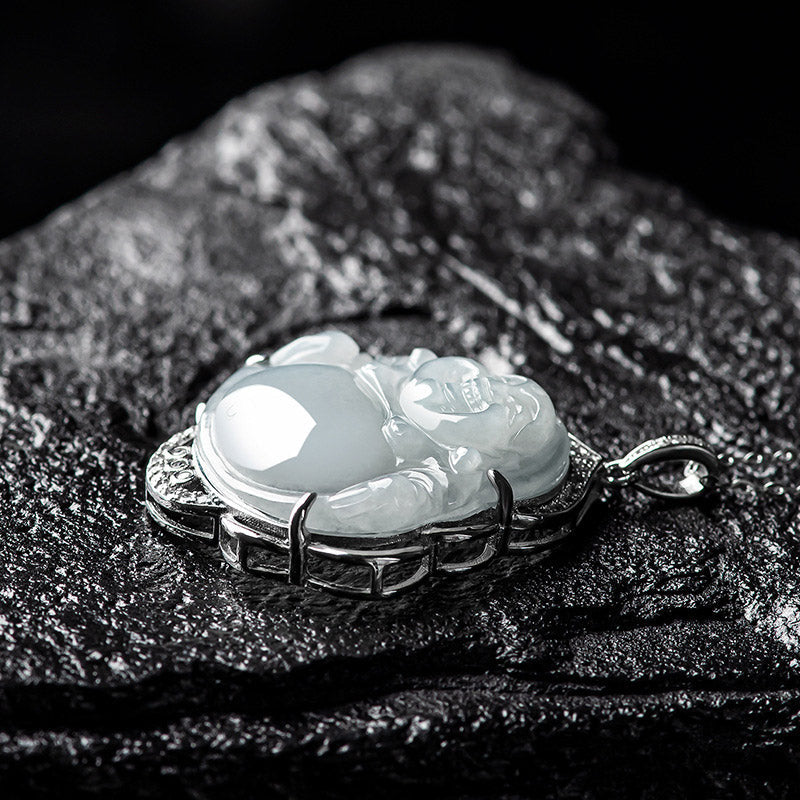 Stone of buddha 925 Sterling Silver Laughing Buddha Natural Jade Abundance Necklace Pendant