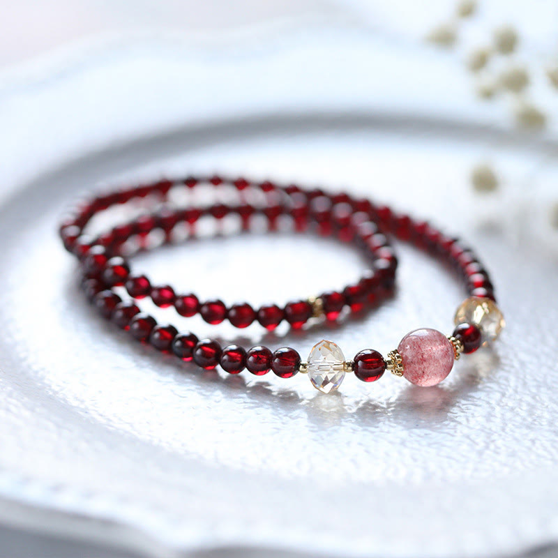 Stone of buddha 14K Gold Plated Natural Garnet Strawberry Quartz Stability Double Wrap Bracelet