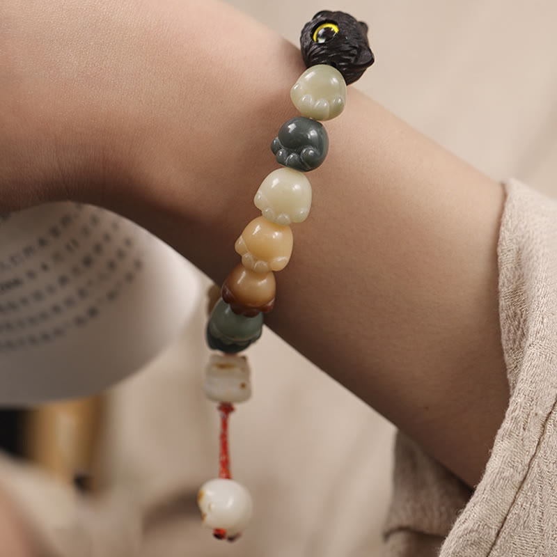 Stone of buddha Natural Bodhi Seed Lovely Paw Ebony Wood Lucky Cat Wisdom Bracelet