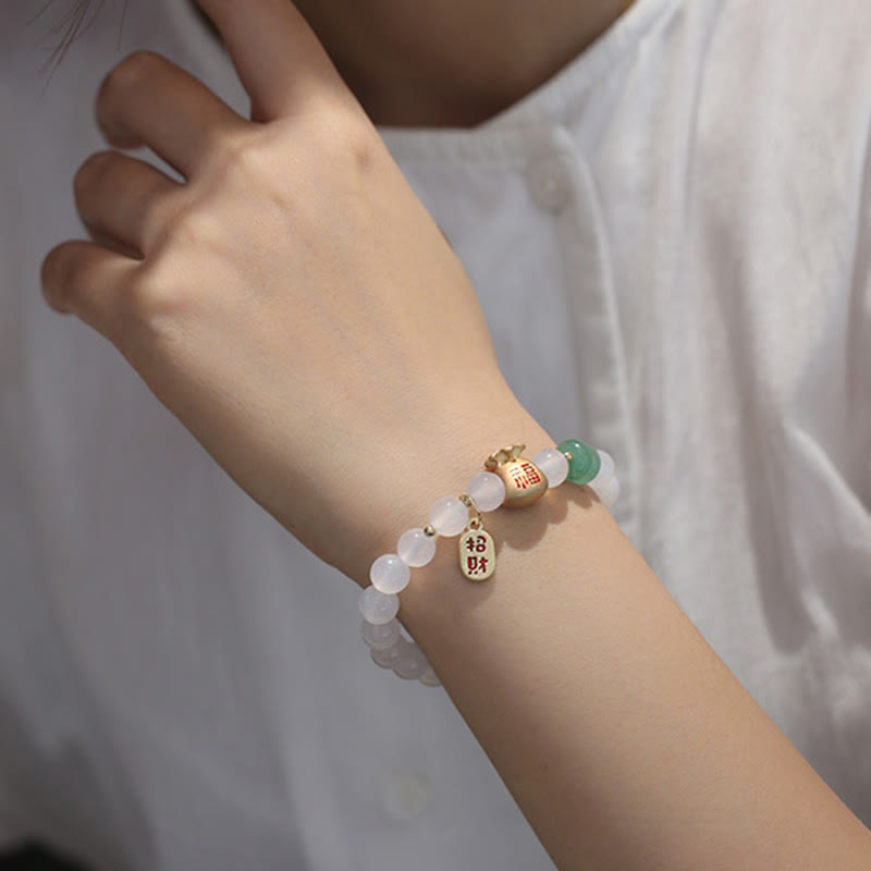 Stone of buddha Natural White Agate Red Agate Money Bag Fu Character Four Leaf Clover Protection Bracelet
