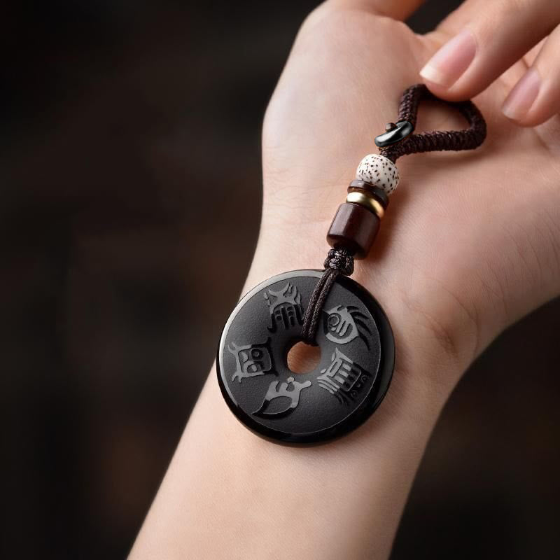 Stone of buddha Black Obsidian Taoism Five Sacred Mountains Carved Strength Peace Buckle Necklace Pendant Key Chain Phone Hanging Decoration