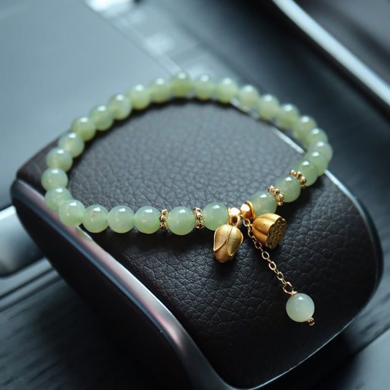 Stone of buddha 925 Sterling Silver Plated Gold Natural Hetian Jade Bead Gourd Lotus Bamboo Fu Character Luck Bracelet