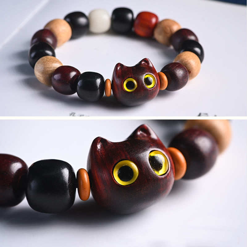 Stone of buddha Small Leaf Red Sandalwood Ebony Wood Cute Cat Engraved Protection Bracelet