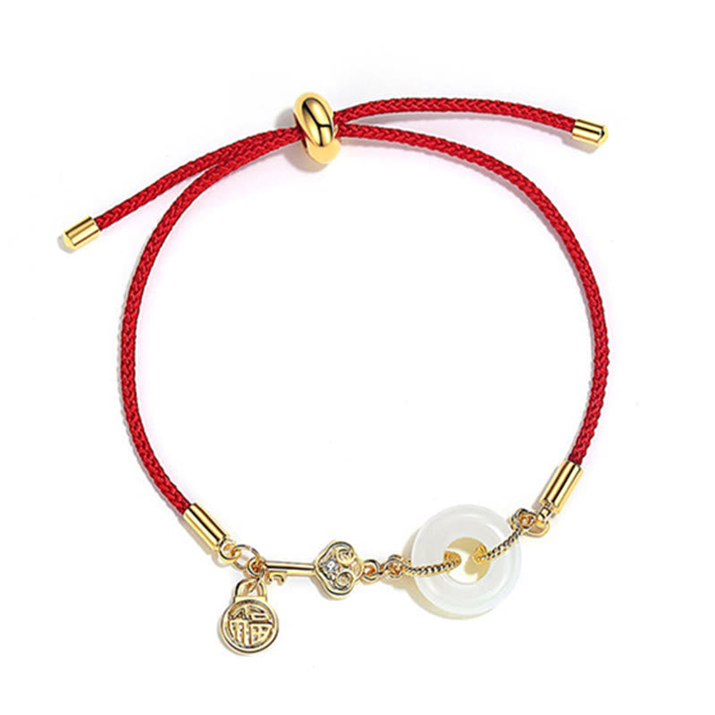 Stone of buddha 18K Gold Plated Hetian Jade Peace Buckle Fu Character Luck Red Rope Bracelet
