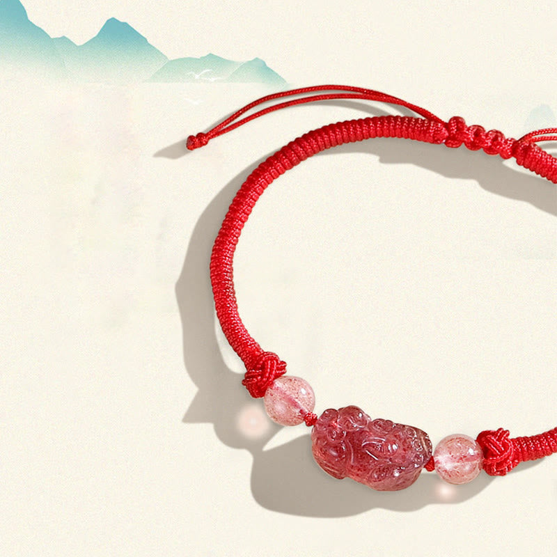 Stone of buddha Handmade Natural Silver Sheen Obsidian Strawberry Quartz PiXiu Protection Braided Bracelet