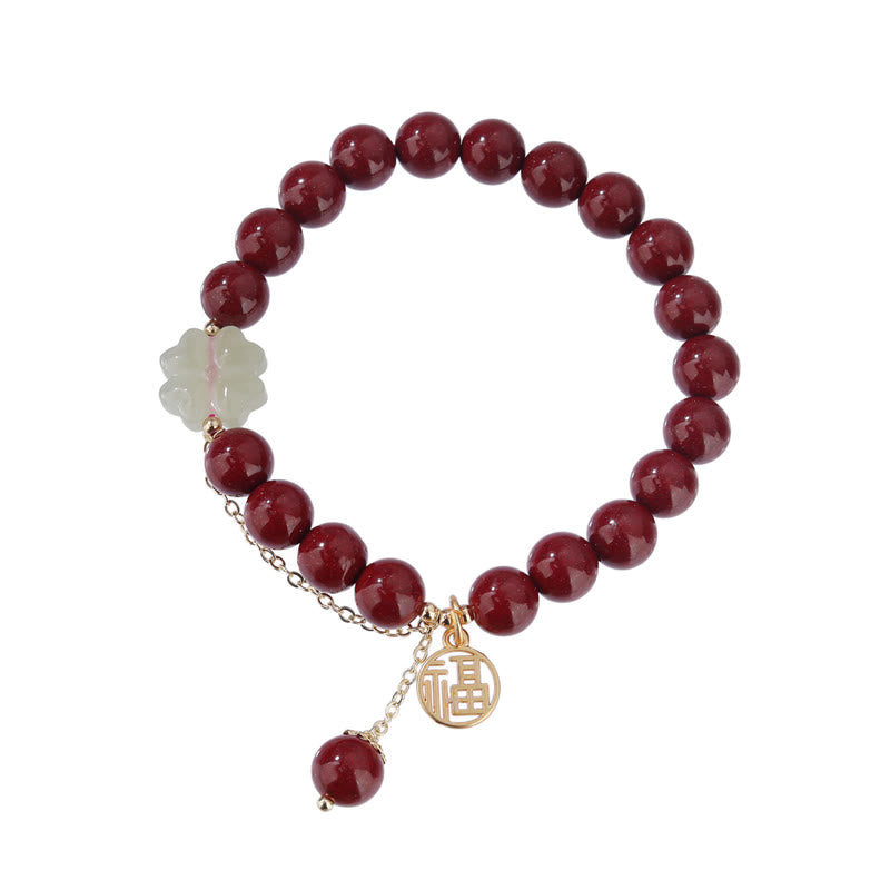 Stone of buddha Cinnabar Fu Character Hetian Jade Lucky Four Leaf Clover Blessing Bracelet
