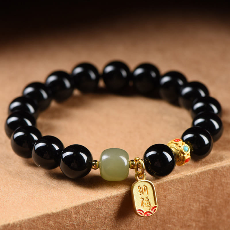 Stone of buddha Black Onyx Hetian Jade Bead Lucky Fortune Charm Bracelet
