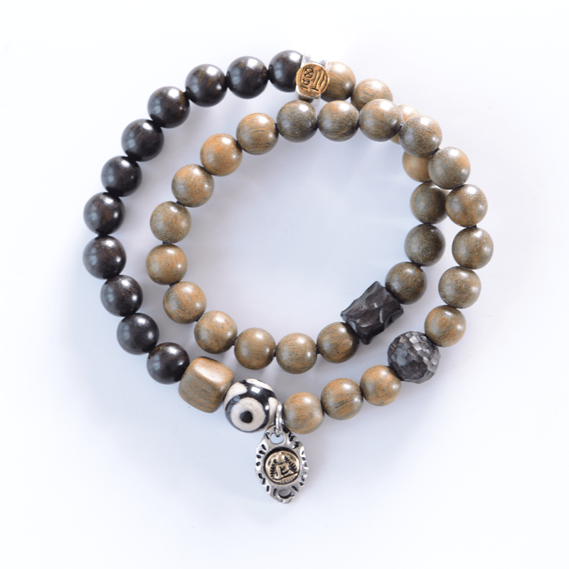 Stone of buddha Tibetan Green Sandalwood Ebony Wood Three-eyed Dzi Bead Fu Character Balance Peace Double Wrap Bracelet