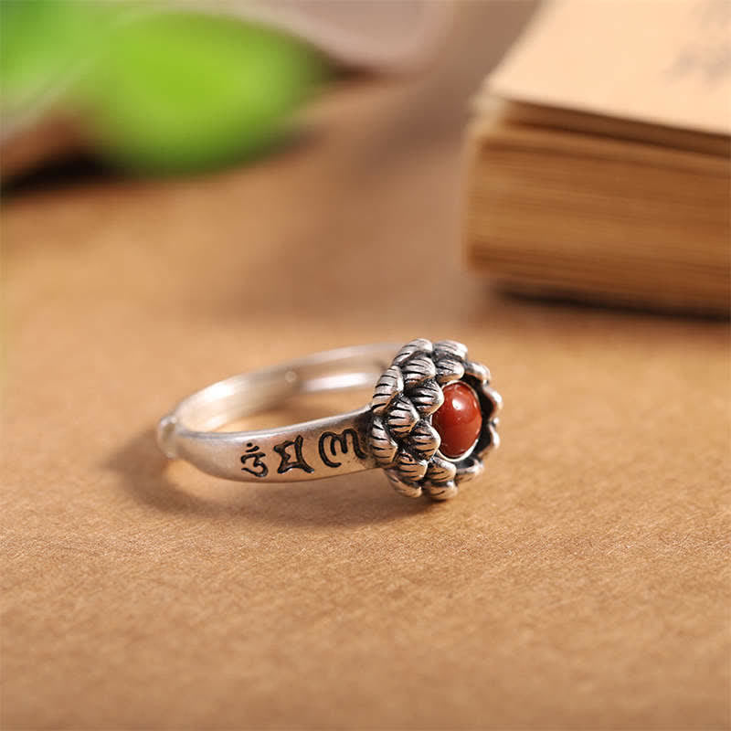 Stone of buddha925 Sterling Silver Lotus Red Agate Confidence Blessing Ring