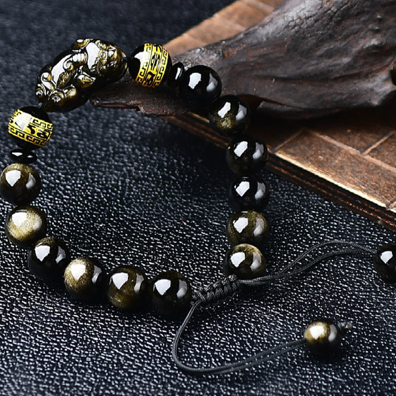 Stone of buddha Natural Gold Sheen Obsidian PiXiu Om Mani Padme Hum Wealth Braided Bracelet