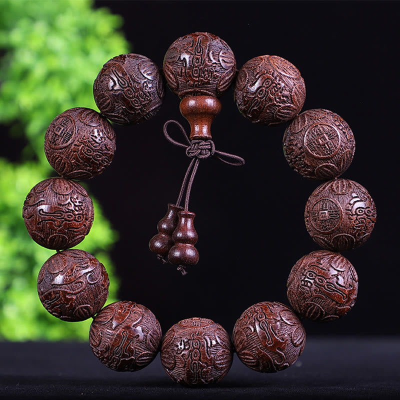Stone of buddha Chinese Zodiac Rosewood Ebony Boxwood Copper Coin PiXiu Carved Warmth Bracelet