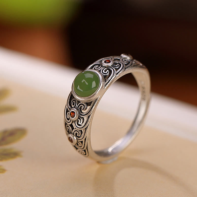 Stone of buddha 925 Sterling Silver Hetian Cyan Jade Harmony Adjustable Ring