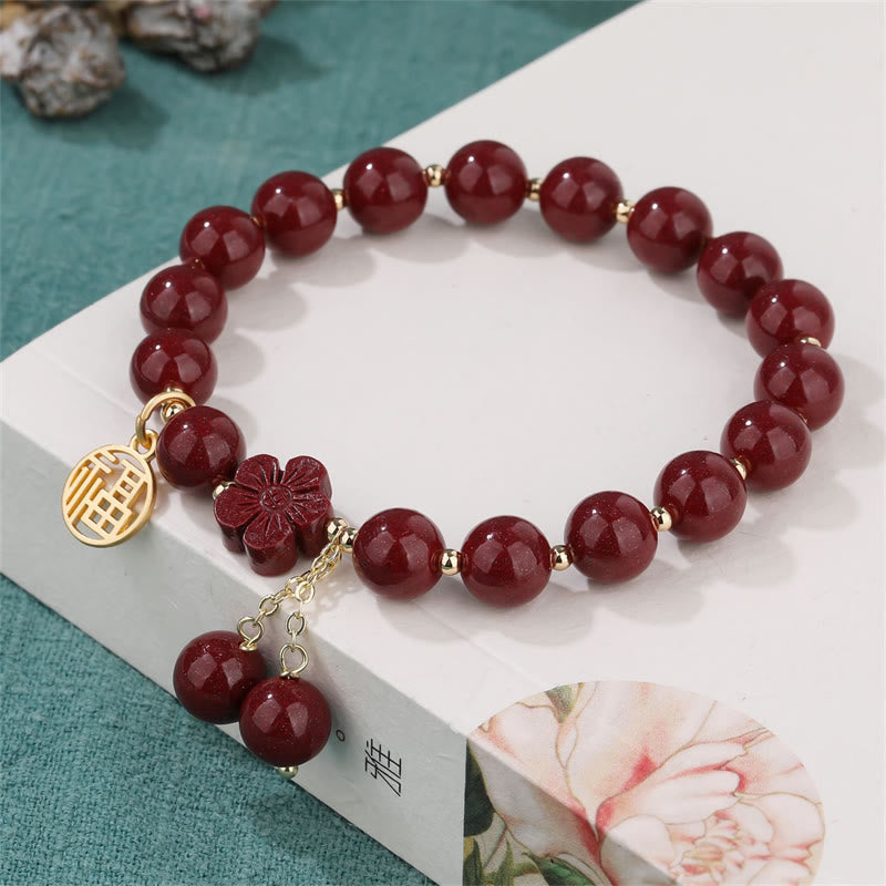 Stone of buddha Cinnabar Fu Character Cherry Blossom Blessing Bracelet