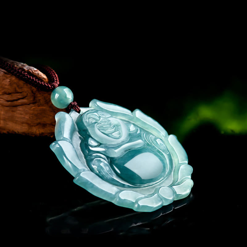 Stone of buddha Natural Jade Laughing Buddha Lotus Pattern Luck Necklace Pendant