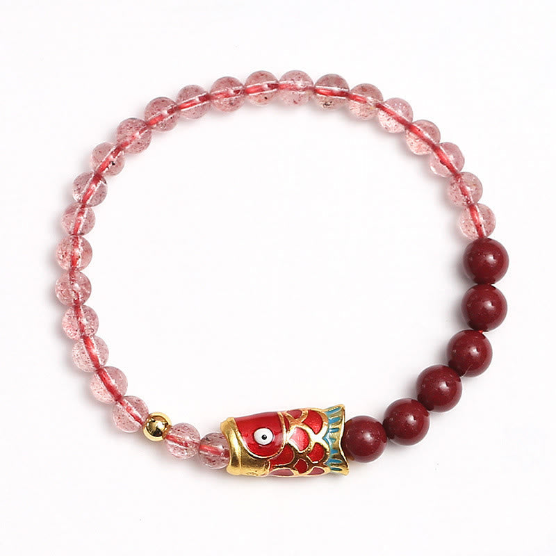 Stone of buddha Natural Strawberry Quartz Cinnabar Lucky Koi Fish Healing Bracelet