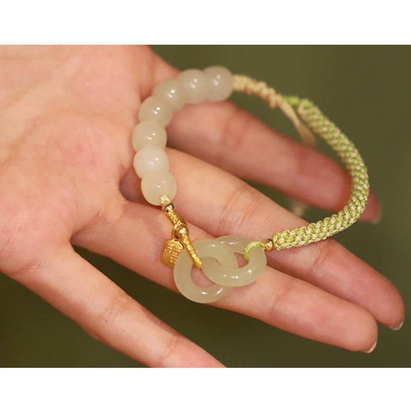 Stone of buddha Natural Hetian Jade Bead Double Peace Buckle Fu Character Abundance Braided Bracelet