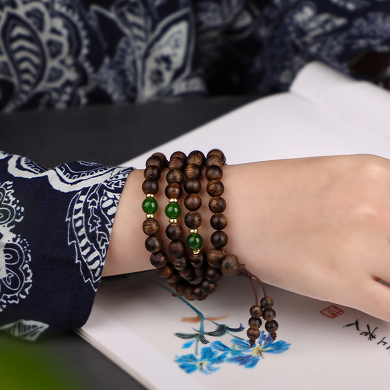 Stone of buddha 108 Mala Beads Indonesia Tarakan Rare Agarwood Cyan Jade Ward Off Evil Spirits Bracelet