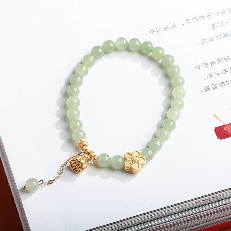 Stone of buddha 925 Sterling Silver Plated Gold Natural Hetian Jade Bead Gourd Lotus Bamboo Fu Character Luck Bracelet