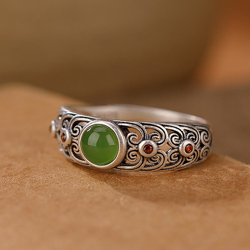 Stone of buddha 925 Sterling Silver Hetian Cyan Jade Harmony Adjustable Ring