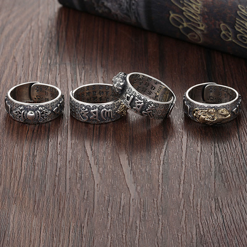 Stone of buddha Tibetan 990 Sterling Silver Om Mani Padme Hum PiXiu Dorje Vajra Heart Sutra Engraved Wealth Ring