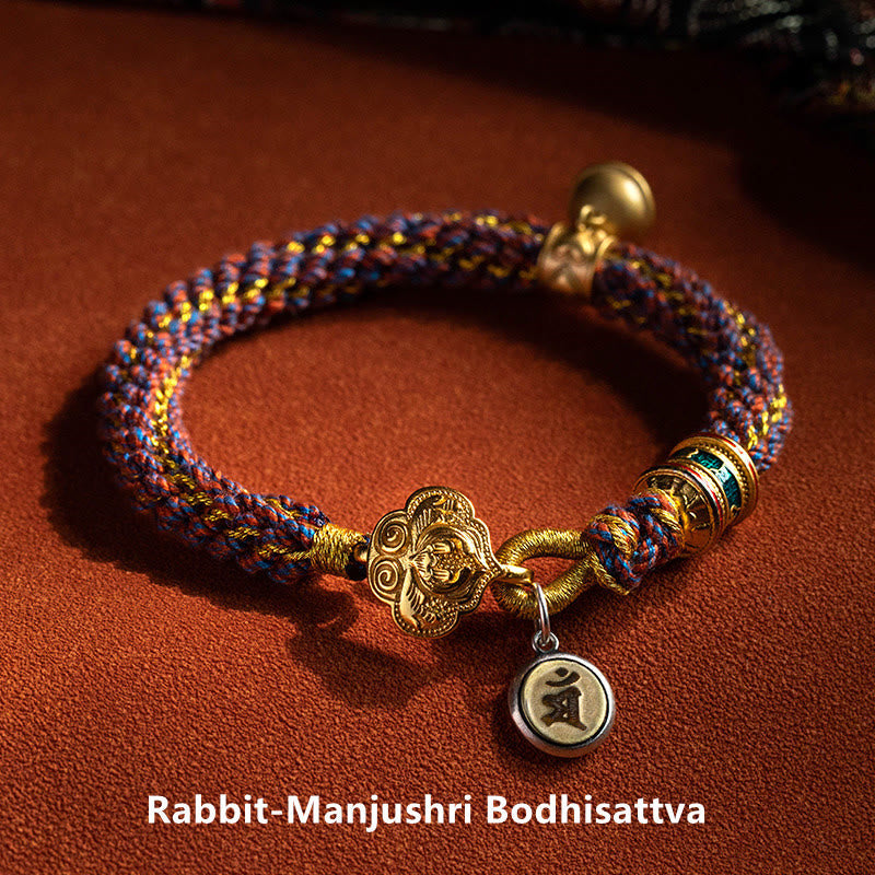 Stone of buddha 925 Sterling Silver Chinese Zodiac Natal Buddha Om Mani Padme Hum Luck Bell Braided String Bracelet