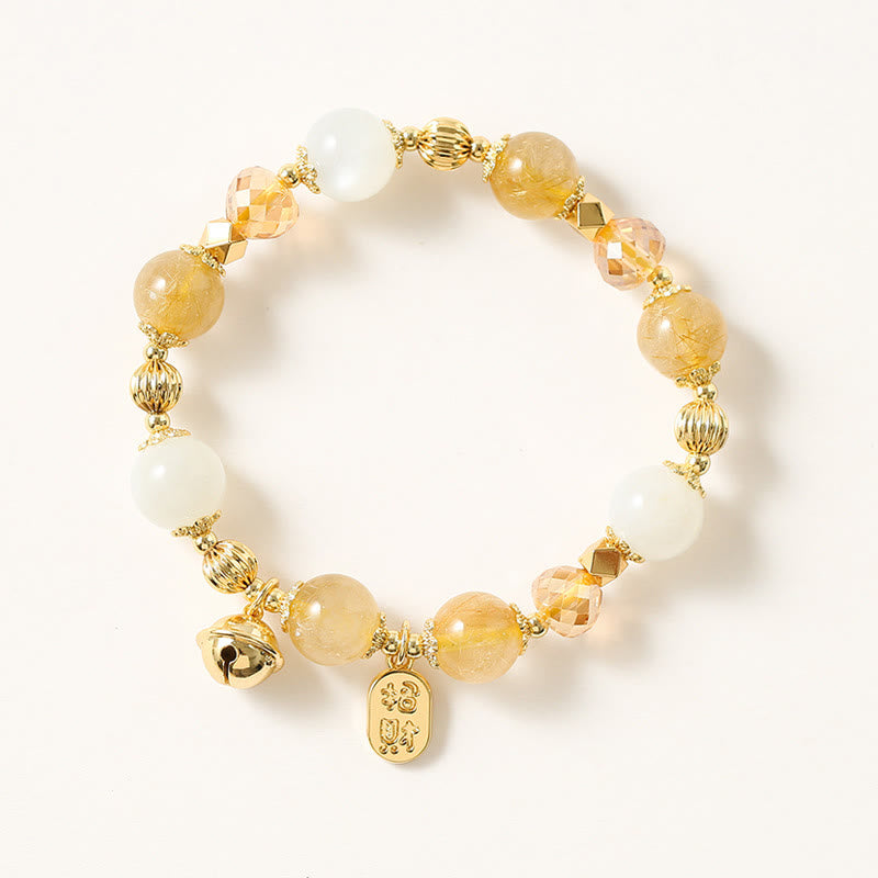 Stone of buddha 14K Gold Plated Golden Rutilated Quartz Wealth Bell Lucky Fortune Charm Bracelet