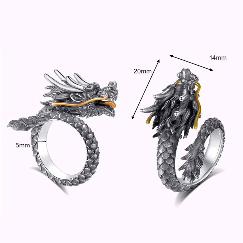 Stone of buddha 925 Sterling Silver Vintage Dragon Design Protection Strength Adjustable Ring