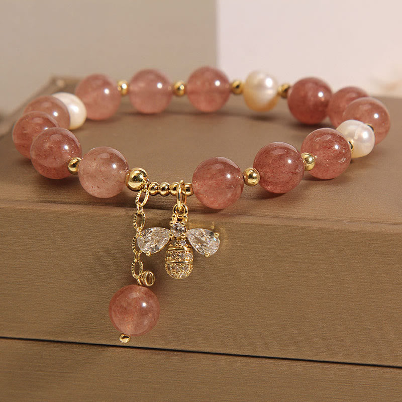 Stone of buddha Strawberry Quartz Pearl Cute Zircon Honeybee Positive Charm Bracelet