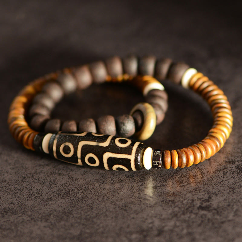 Stone of buddha Tibetan Nine-Eye Dzi Bead Green Sandalwood Ebony Wood Peace Double Wrap Bracelet