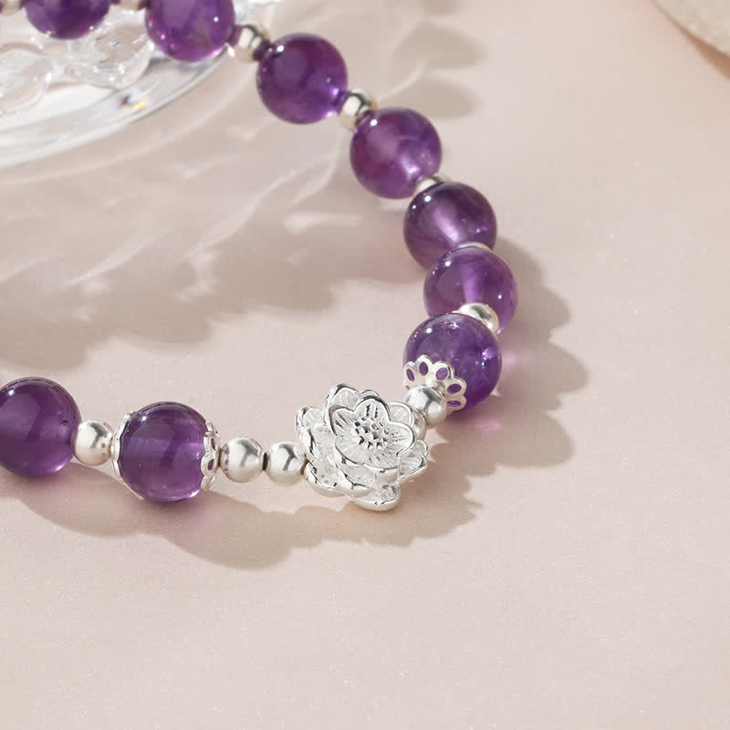 Stone of buddha 925 Sterling Silver Natural Amethyst Lotus Spiritual Bracelet