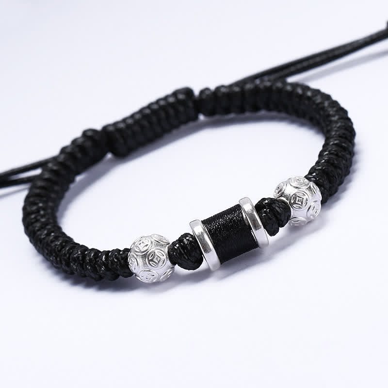 Stone of buddha 999 Sterling Silver Copper Coin Bead Copper Balance Braided String Bracelet