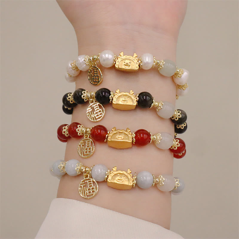Stone of buddha Year Of The Dragon Red Agate Strawberry Quartz Black Obsidian Jade Garnet Pearl Cinnabar Dumpling Dragon Luck Fu Character Bracelet