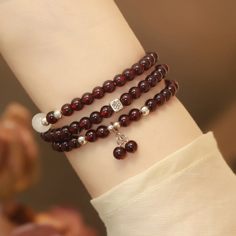 Stone of buddha 925 Sterling Silver Natural Garnet Cat Eye Protection Triple Wrap Bracelet