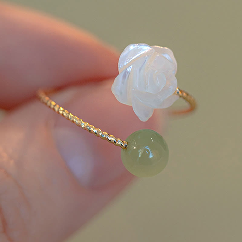Stone of buddha 14K Gold Plated Tridacna Stone Rose Flower Jade Bead Blessing Ring
