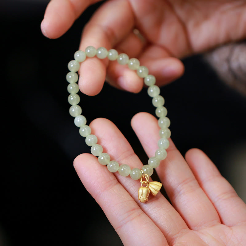Stone of buddha 925 Sterling Silver Plated Gold Natural Hetian Jade Bead Gourd Lotus Bamboo Fu Character Luck Bracelet