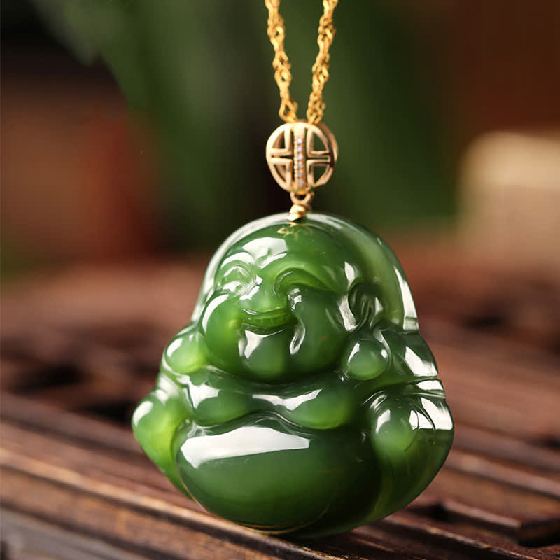 Stone of buddha 925 Sterling Silver Laughing Buddha Hetian Cyan Jade 18K Gold Success Necklace Chain Pendant