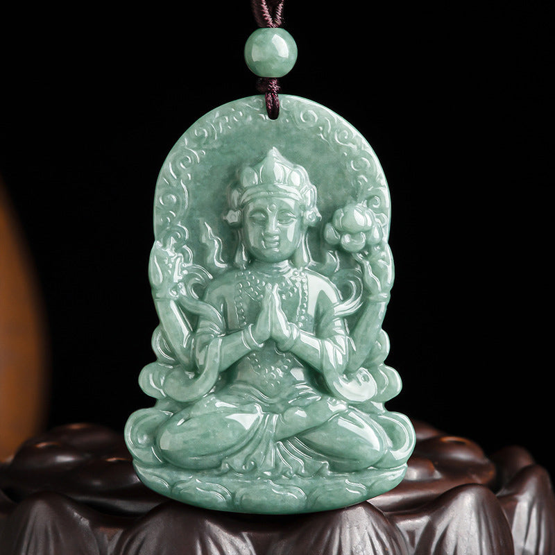 Stone of buddha Four-armed Avalokitesvara Natural Jade Amulet Blessing String Necklace