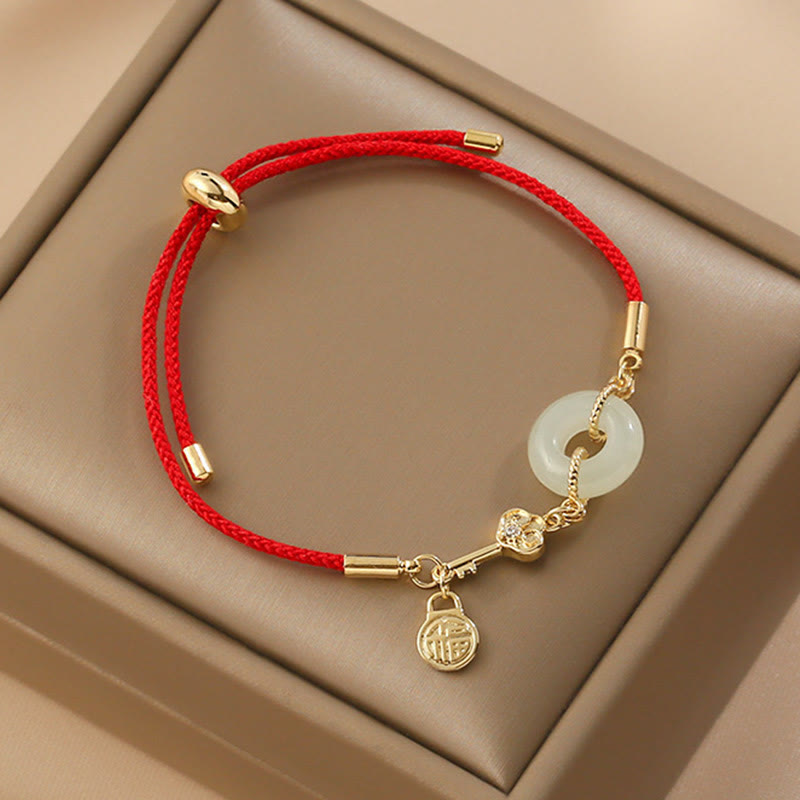 Stone of buddha 18K Gold Plated Hetian Jade Peace Buckle Fu Character Luck Red Rope Bracelet