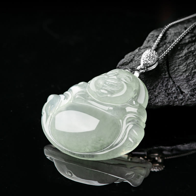 Stone of buddha 925 Sterling Silver Natural Jade Laughing Buddha Prosperity Abundance Chain Necklace Pendant