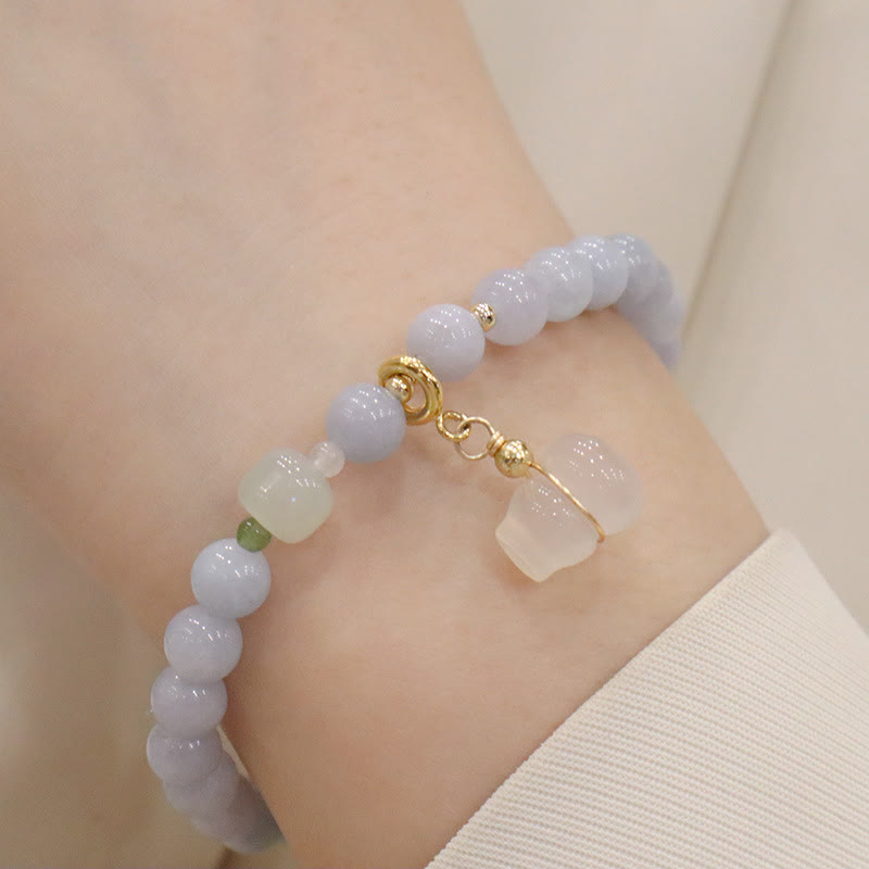 Stone of buddha Natural Aquamarine Chalcedony Serenity Rabbit Gourd Cat Charm Bracelet