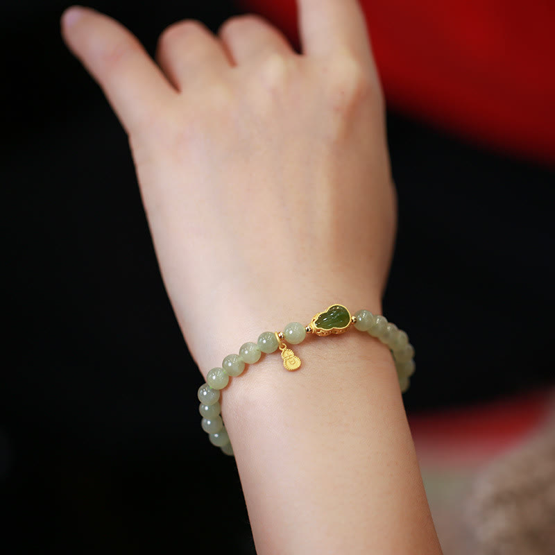 Stone of buddha 925 Sterling Silver Plated Gold Natural Hetian Jade Bead Gourd Lotus Bamboo Fu Character Luck Bracelet