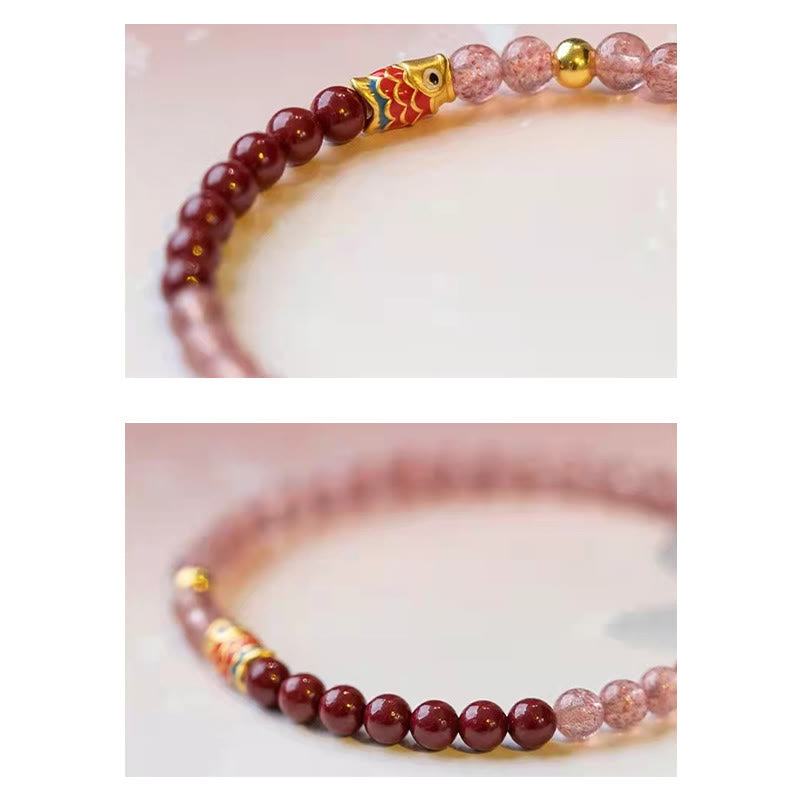 Stone of buddha Natural Strawberry Quartz Cinnabar Lucky Koi Fish Healing Bracelet