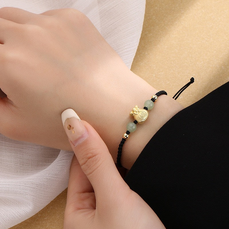 Stone of buddha Lucky Money Bag Fu Character Jade Bead Luck Braided Bracelet