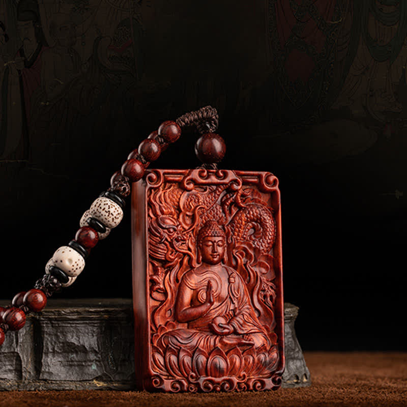 Stone of buddha Chinese Zodiac Natal Buddha Small Leaf Red Sandalwood Protection Necklace Pendant